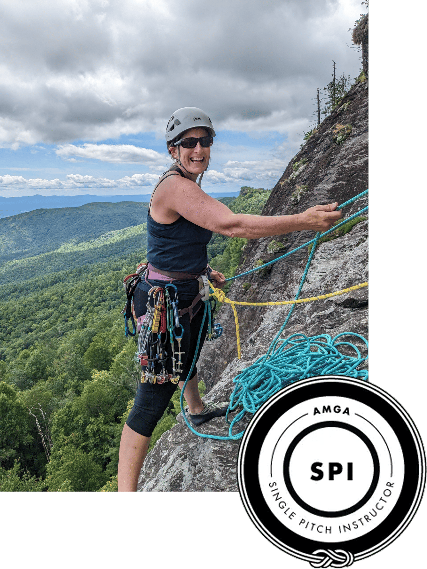 Founder Silvia smiling on rock face holding rope. There is a AMGA Single Pitch Instructor Badge on the bottom right.